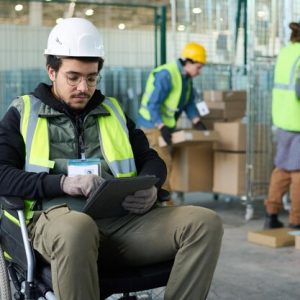 jovem-trabalhador-serio-de-armazem-sentado-em-cadeira-de-rodas-e-usando-tablet_274679-44792